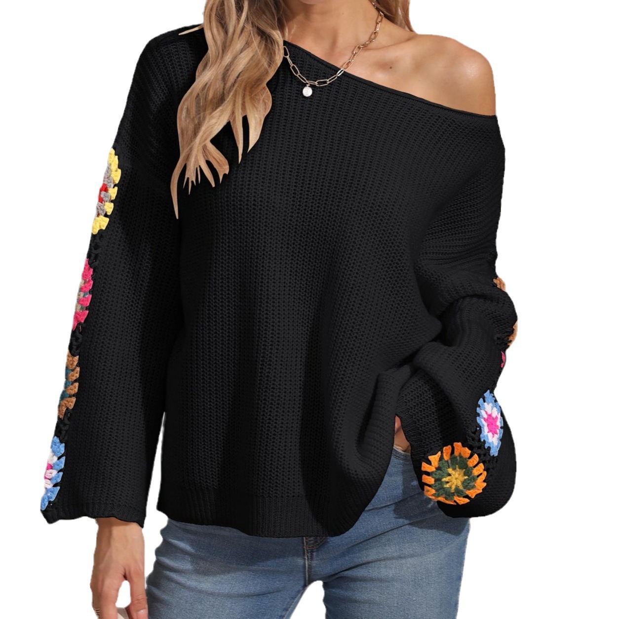 Women's Off-Shoulder Crochet Pullover Sweater Loose Fit