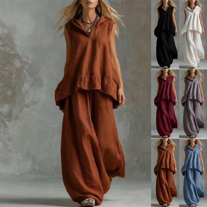 Women's Solid V-Neck Sleeveless Top and Wide-Leg Pants Casual Two-Piece Set