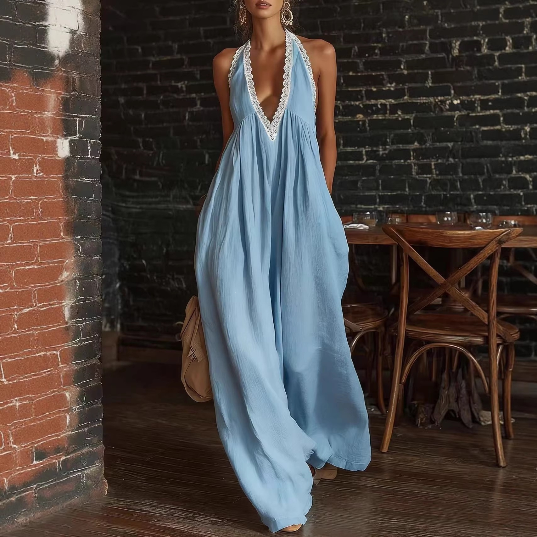 Women's Halter Deep V Lace Panel Loose Linen Jumpsuit