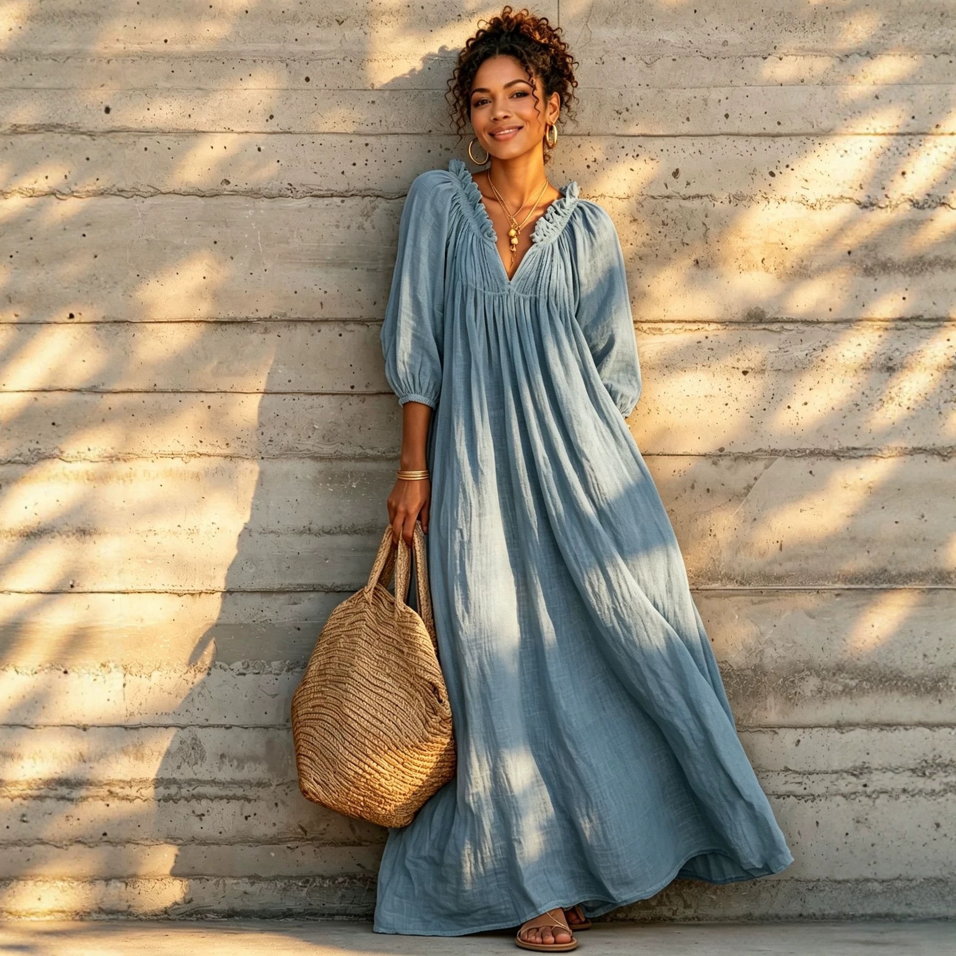 V-Neck Lantern Sleeve Boho Maxi Dress