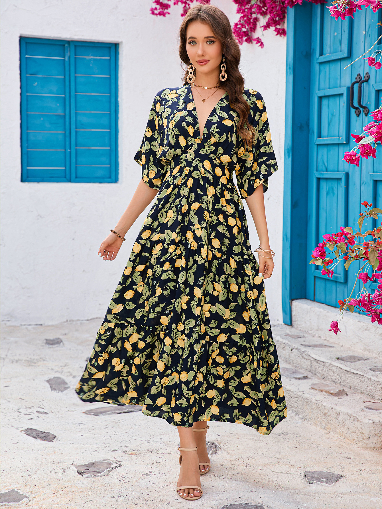 Women's Floral Print Batwing Sleeve Deep V-Neck Waist-Tie Layered Midi Dress
