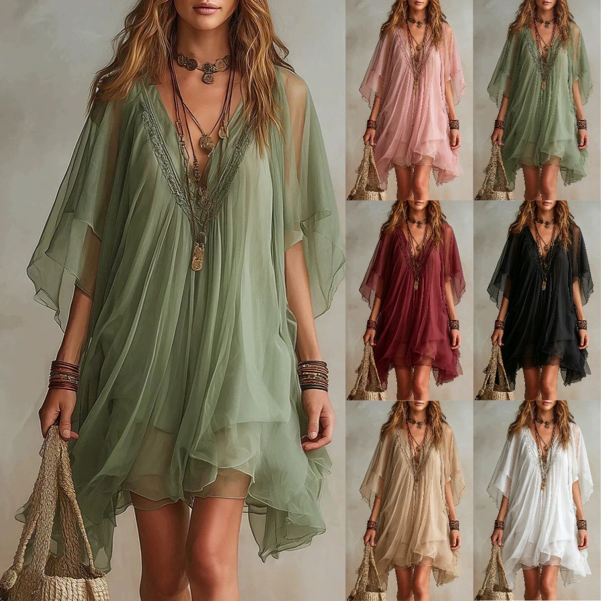 Women's V-Neck Chiffon Beach Cover-Up Dress Loose Fit