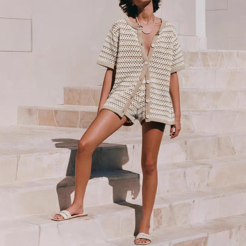 Women's Striped Knit Cardigan & Shorts Set with Collar