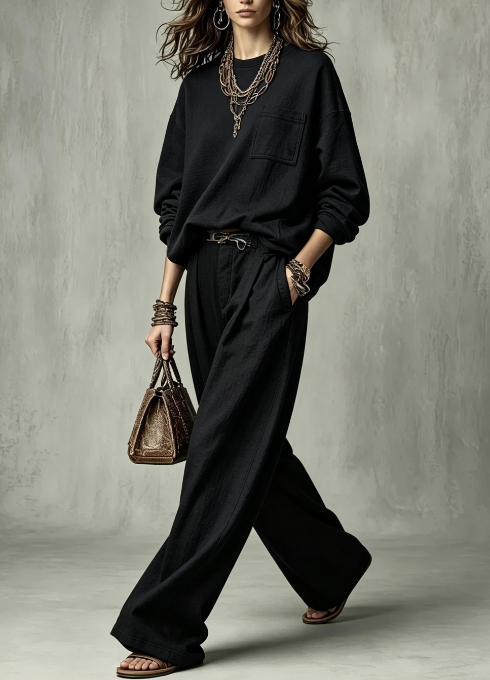 Relaxed Crewneck Sweatshirt & High-Waist Pleated Wide-Leg Pants Set (Belt Not Included)
