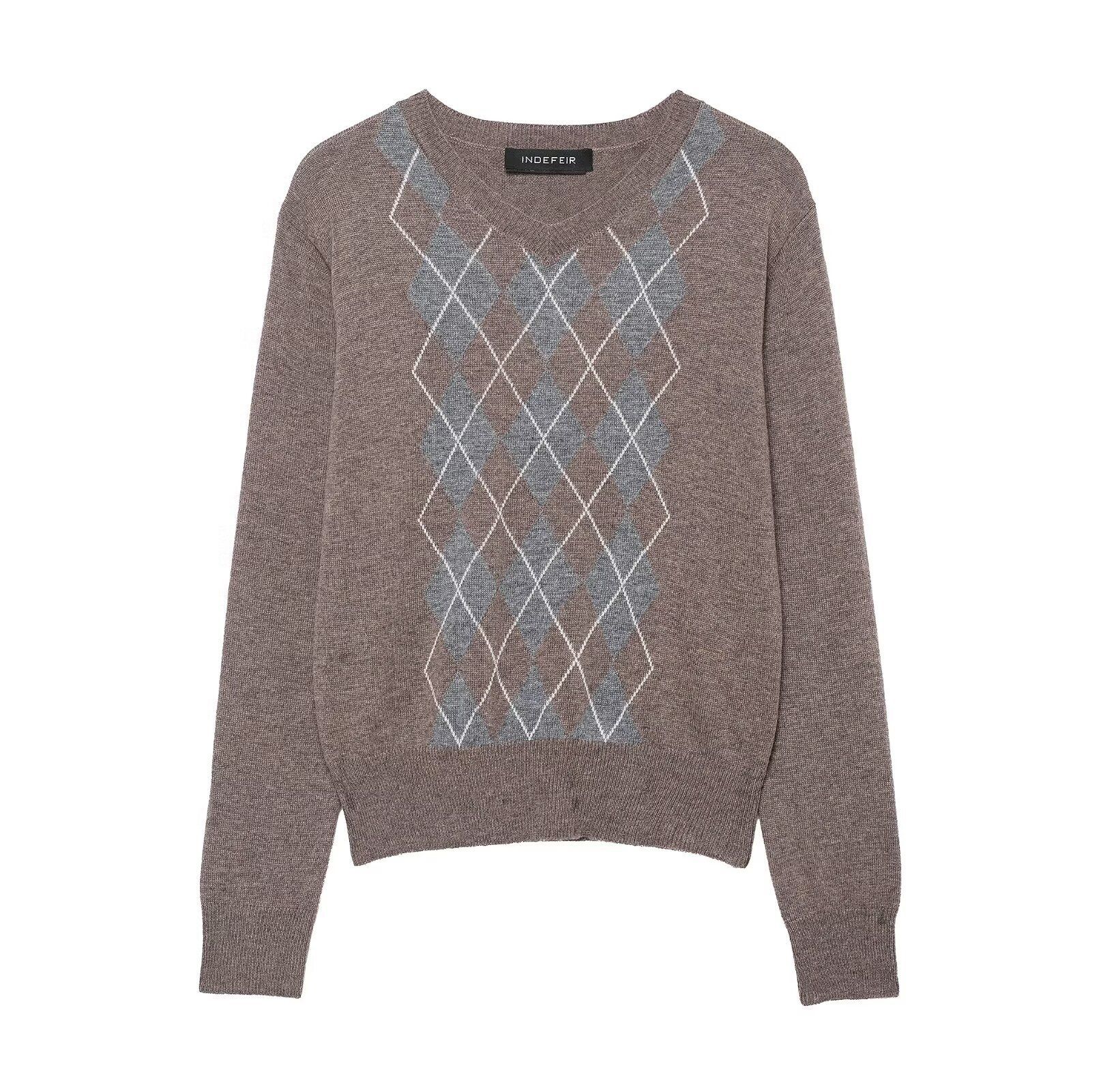 Women's Loose Fit Diamond Pattern Knit Sweater V-Neck Long Sleeve