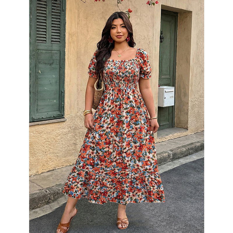 Plus Size Floral Square Neck Puff Sleeve A-Line Midi Dress