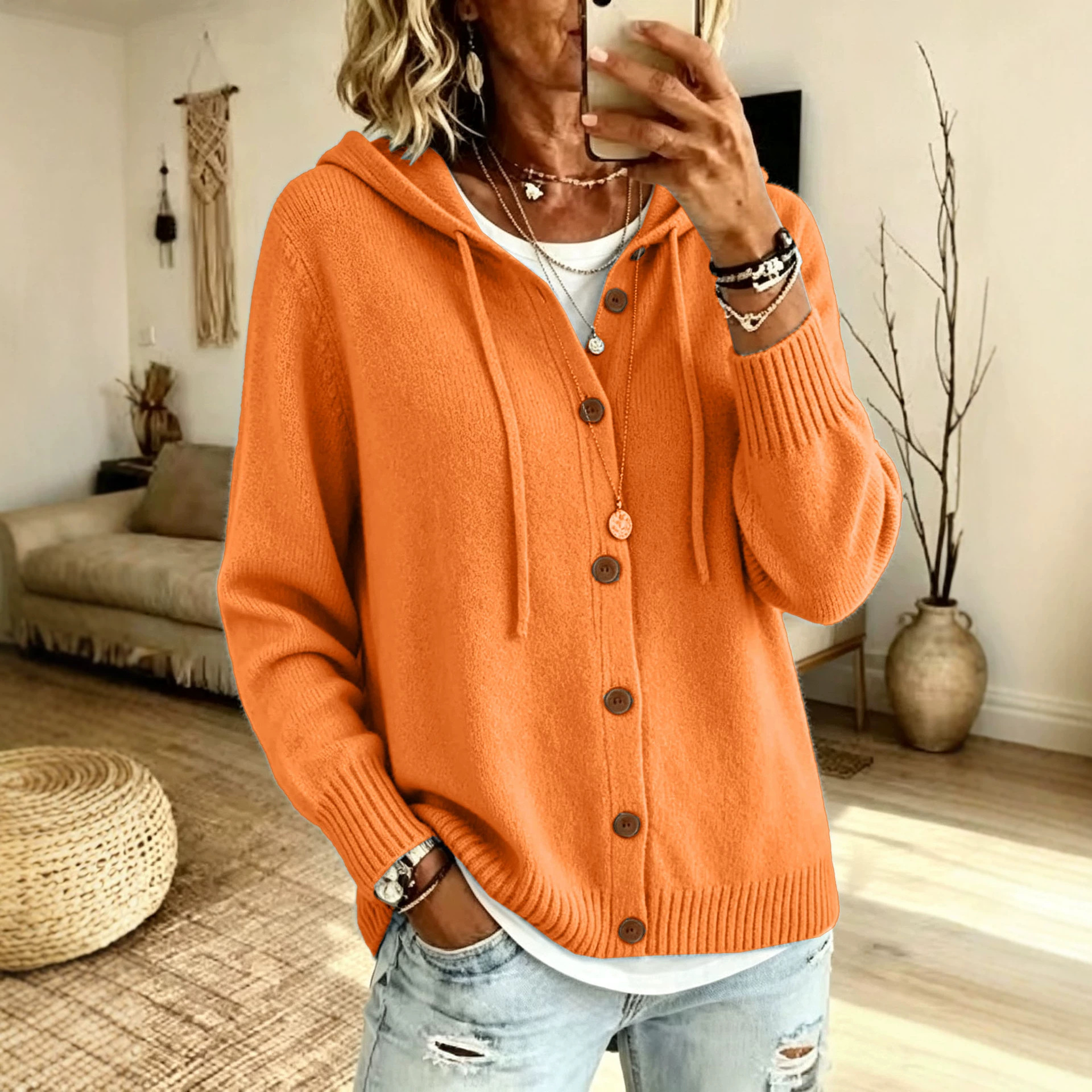 Women's Knit Hooded Drawstring Cardigan Sweater with Buttons