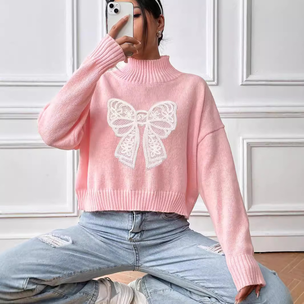 Bow Embroidered High Neck Pullover Sweater Applique Patchwork Short Top