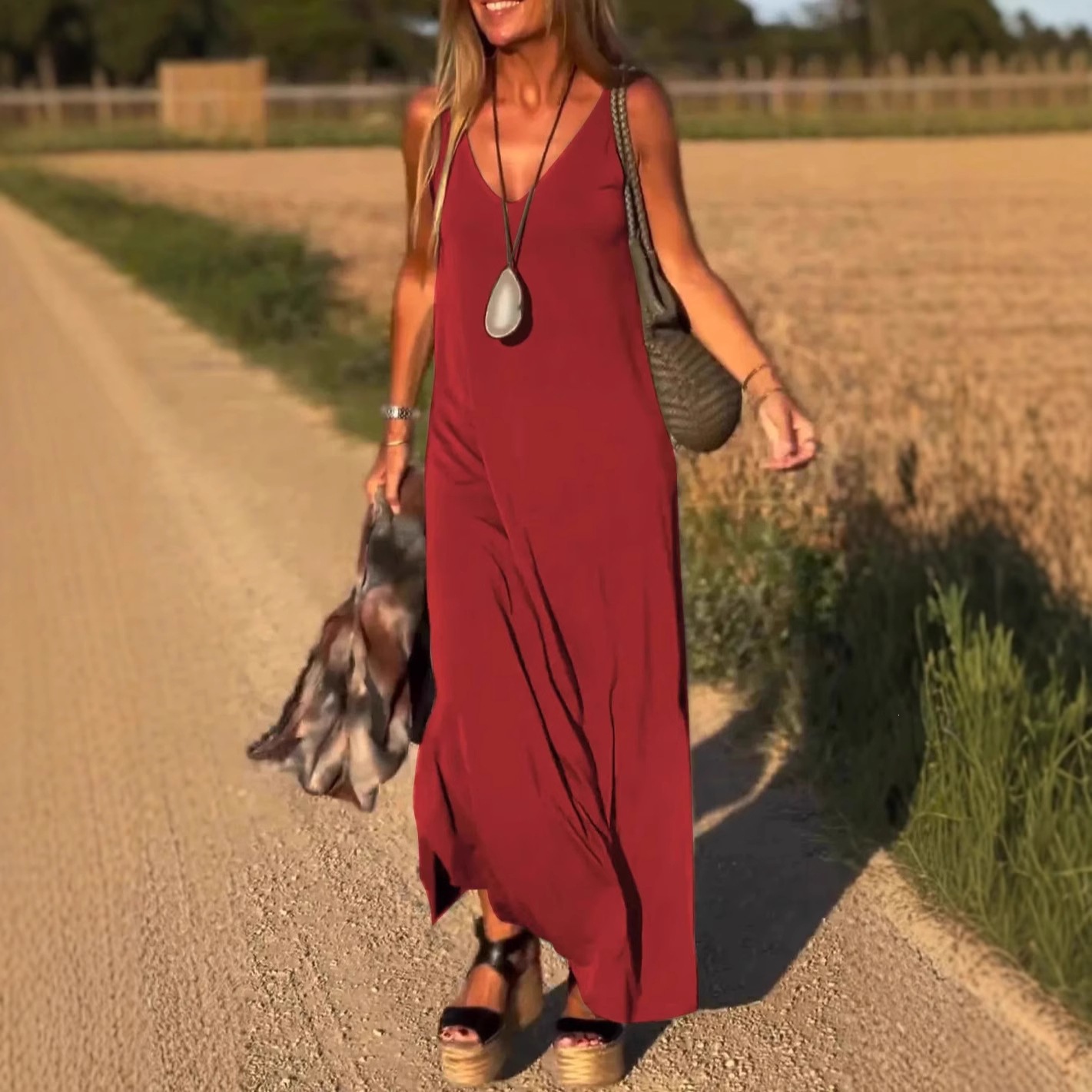 V-Neck Sleeveless Knit Maxi Dress Casual Slim Fit