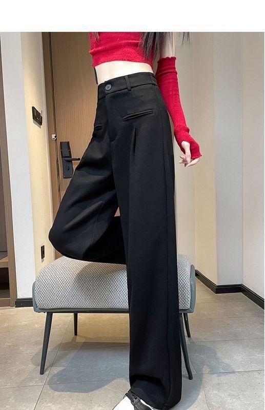 Petite Gray Wide-Leg Straight Pants for Women, Fall/Winter Drapey Slimming Casual