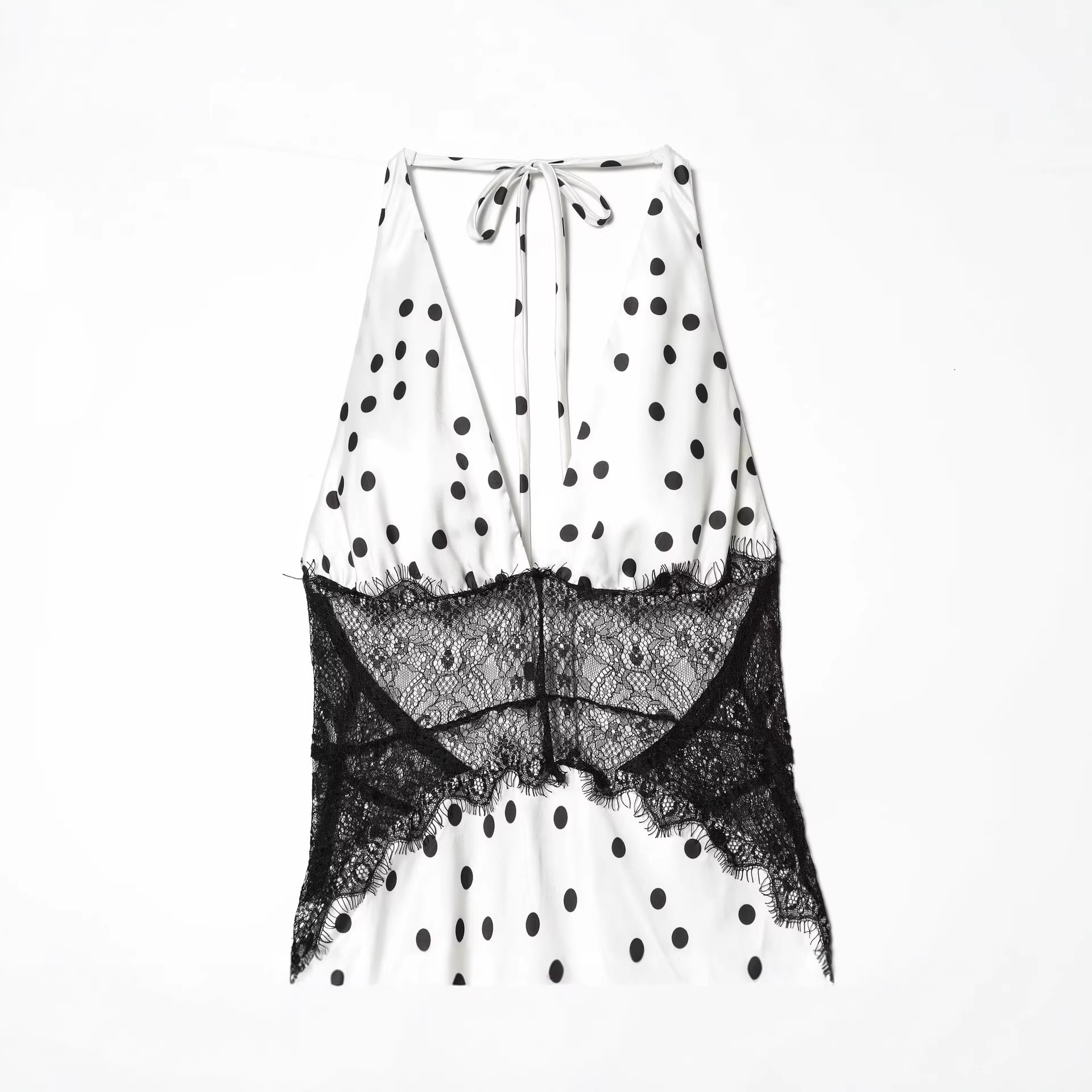 Women's Backless Lace Spliced Polka Dot Halter Maxi Dress