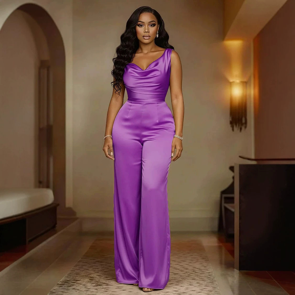 Women's Sleeveless Solid Color Wide-Leg Jumpsuit