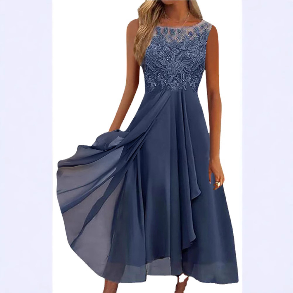 Sweet Lace Hollow Sleeveless Midi Chiffon Dress Bridesmaid