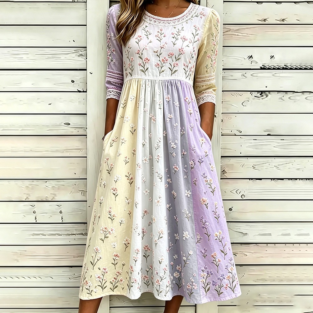 Women's Leaf Floral Butterfly Print Pleated Midi Dress