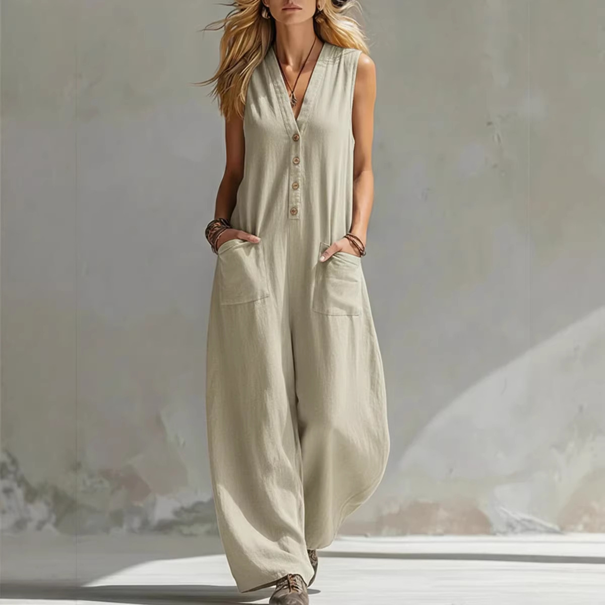 Women's Sleeveless Linen-Cotton Wide-Leg Jumpsuit Casual Spring Summer