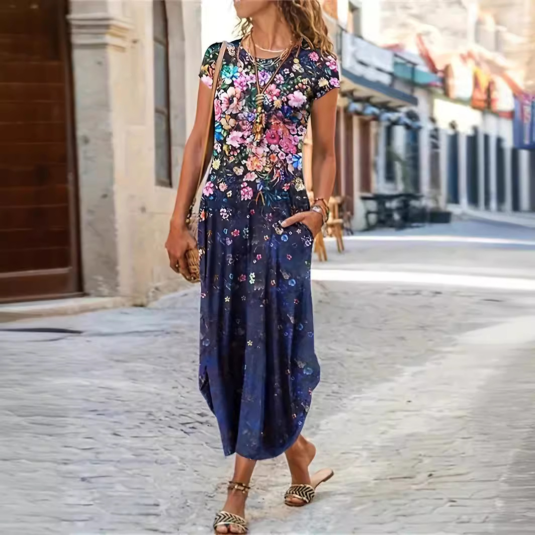 Floral Print Pocket Midi Dress Casual Short Sleeve A-Line