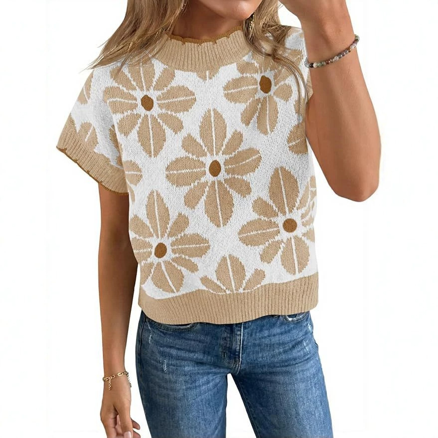 Women's Floral Knit Short Sleeve Sweater Vintage Crew Neck Loose Summer Pullover