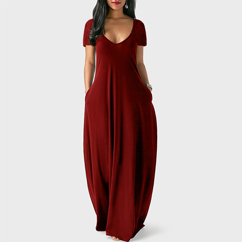 Plus Size Solid Deep V-Neck Short Sleeve Long Dress