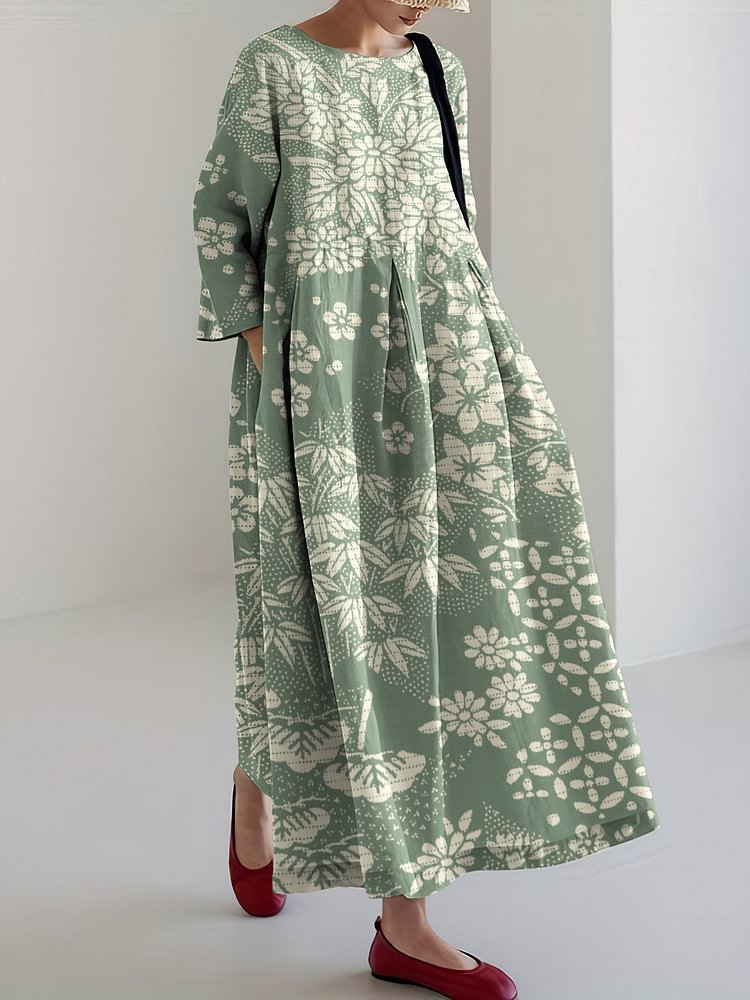 Women's Floral Print Casual A-Line Dress with U-Neck and Short Sleeves