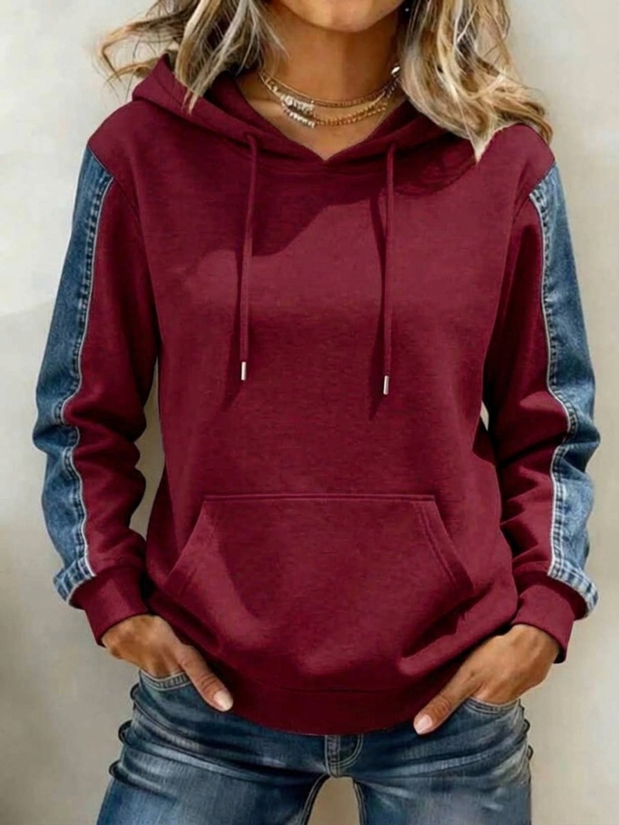 Women's Denim Print Patchwork Hooded Drawstring Sweatshirt