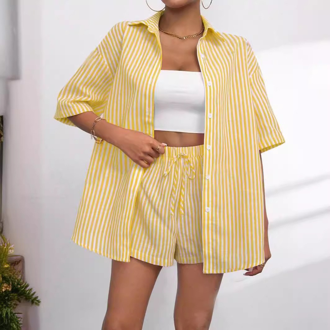 Striped Lapel Short-Sleeve Top and Shorts Two-Piece Set