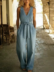 Women's Summer Pleated Loose Denim Jumpsuit with Pockets