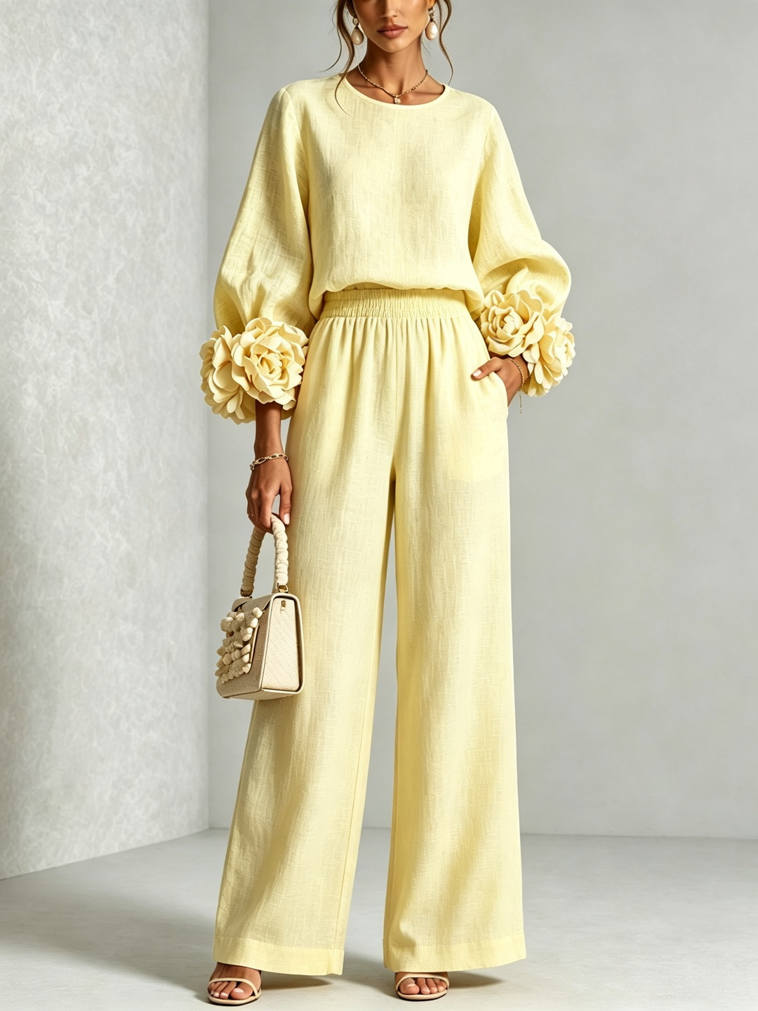Rose Cuff Lantern Sleeve Top & High-Waist Wide-Leg Pants Set