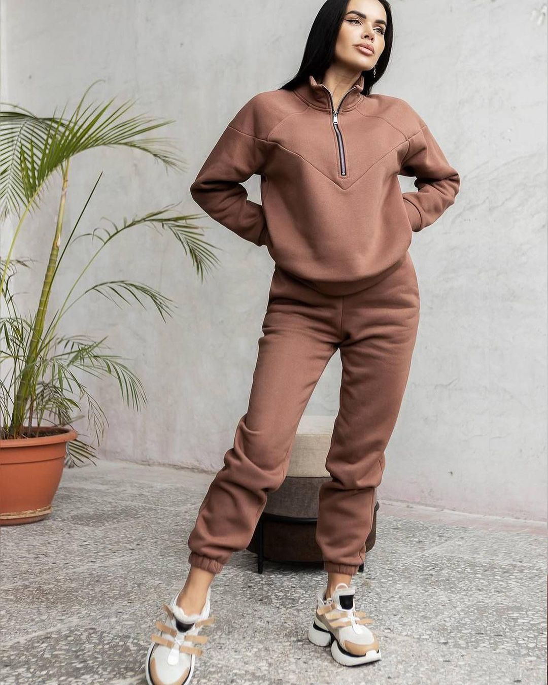 Fleece-Lined Hoodie and Jogger Two-Piece Set, Solid Color Long Sleeve