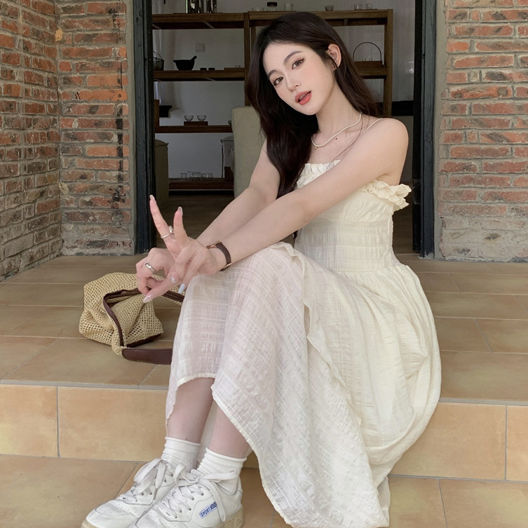 Sweet French Style High-Waist Ruffle Cami Midi Dress