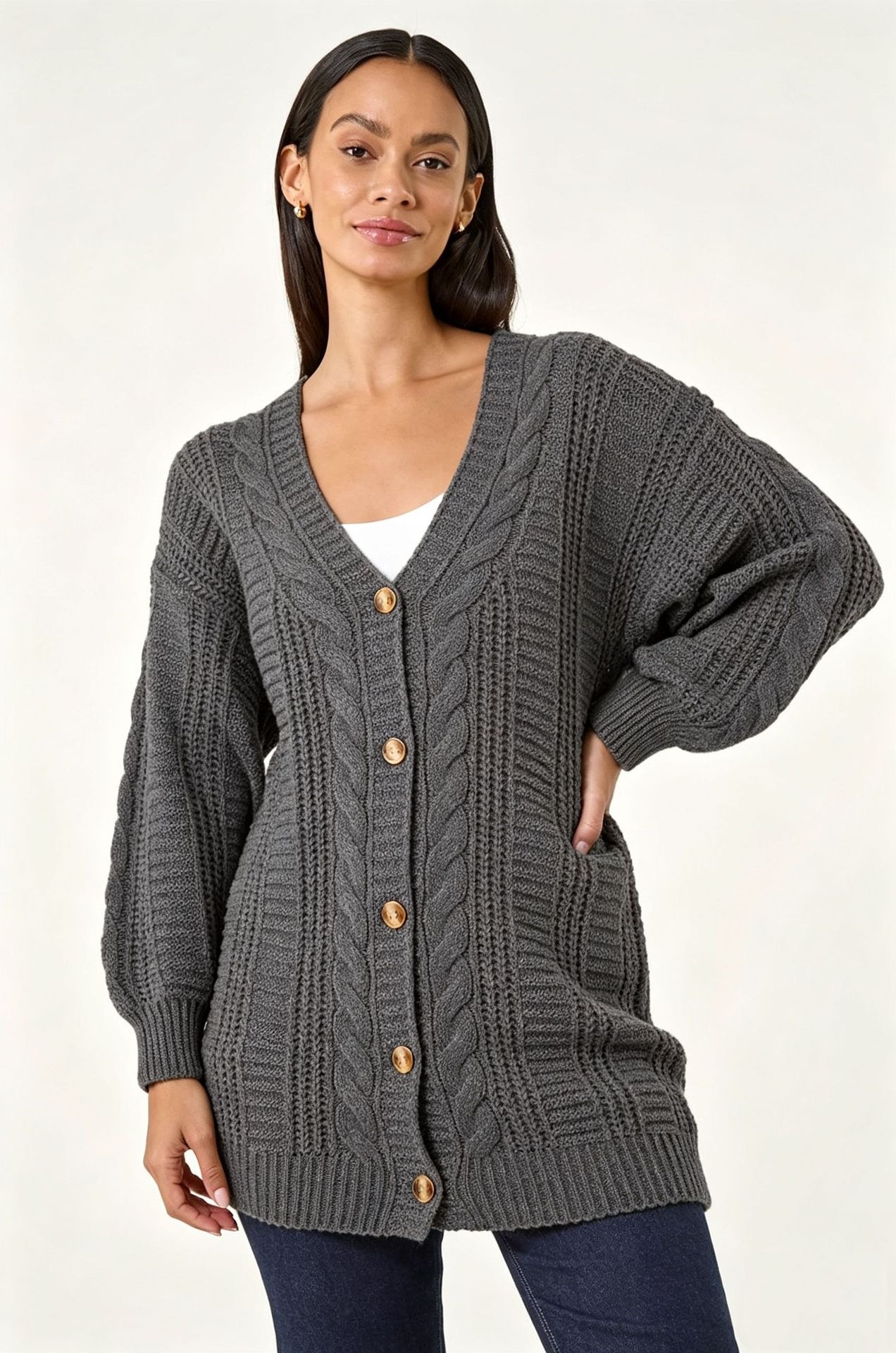 Women's Plus Size Solid Knit Cardigan V-Neck Lantern Sleeve Loose Fit