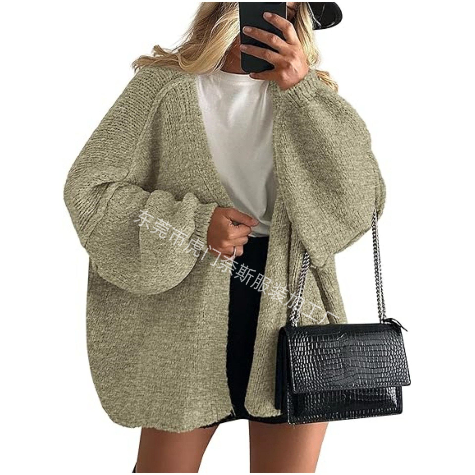 Women's Knit Cardigan Sweater Loose Crew Neck Three-Quarter Sleeve