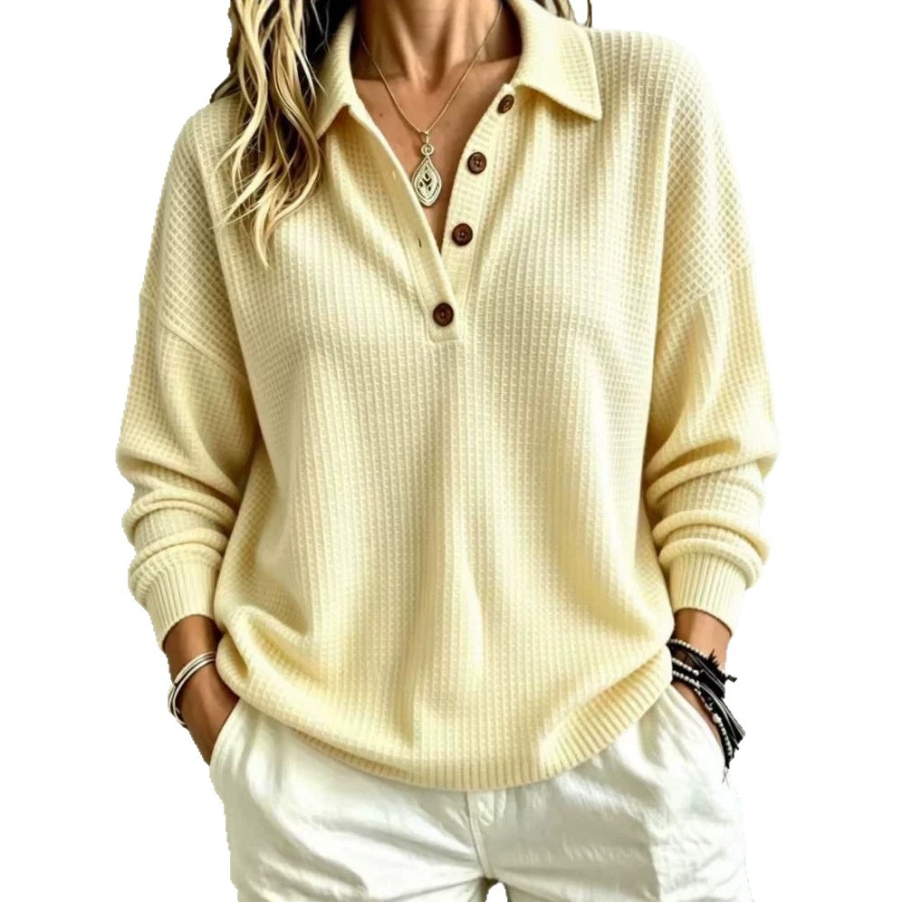 Waffle Knit Button-Front Pullover Top