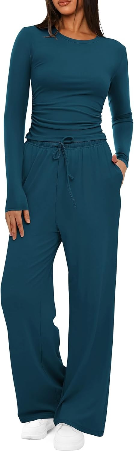 Solid Color Ruched Waist Long Sleeve Top and Pants Set