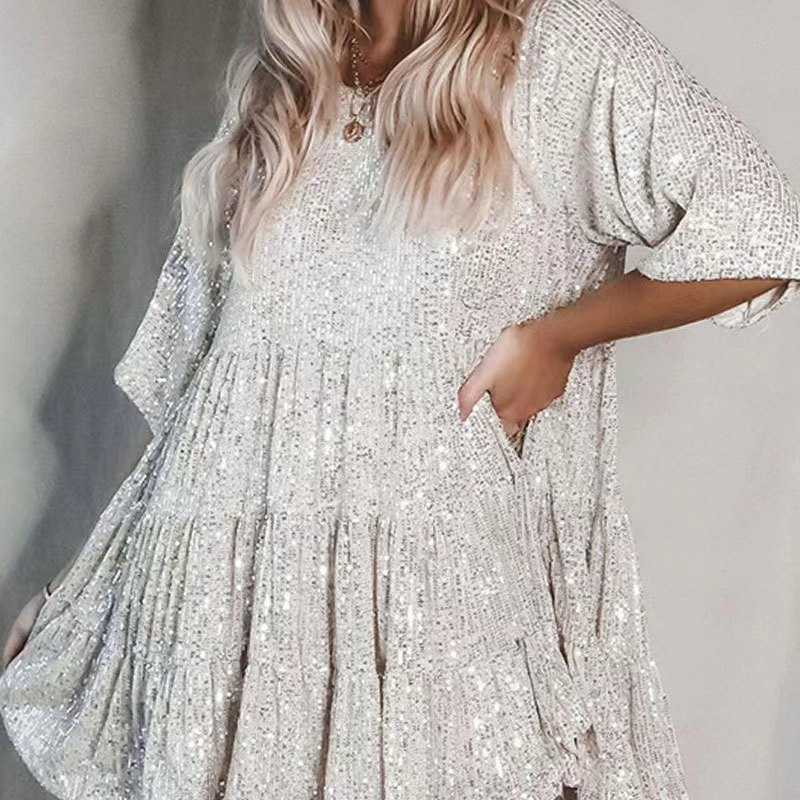 Sequin Round Neck Loose Short Sleeve Midi Dress for Parties and Evening