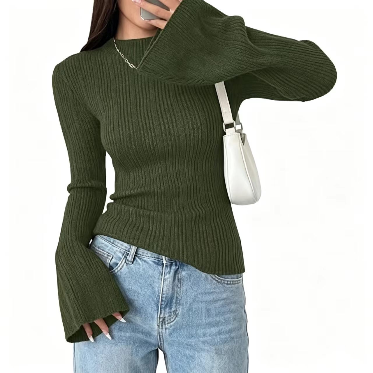 Half Turtleneck Ribbed Flare-Sleeve Knit Top Women Slim Fit Long Sleeve
