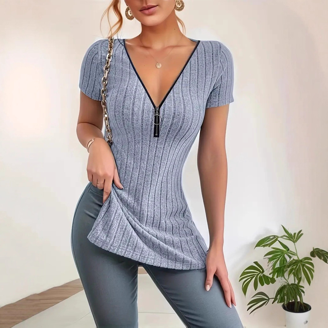 Women's Slim Fit Zip V-Neck Side Slit Ribbed Short Sleeve T-Shirt
