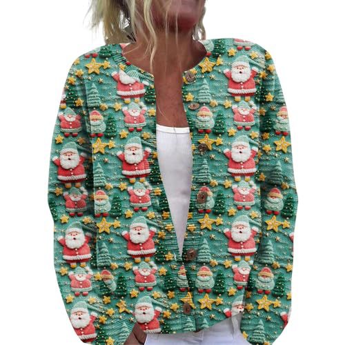 Women's Christmas Cardigan with Cartoon Star Santa Print and Buttons