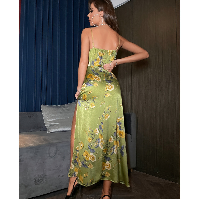 Satin Floral Print Cami Dress Slim Fit Open Back Long Slit Dress