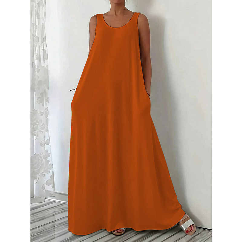 Women's Summer Sleeveless Solid Color Long Dress Casual Slim Fit