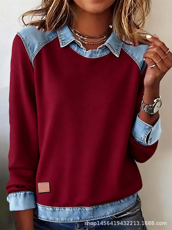 Denim Collar Long Sleeve Patchwork Knit Top