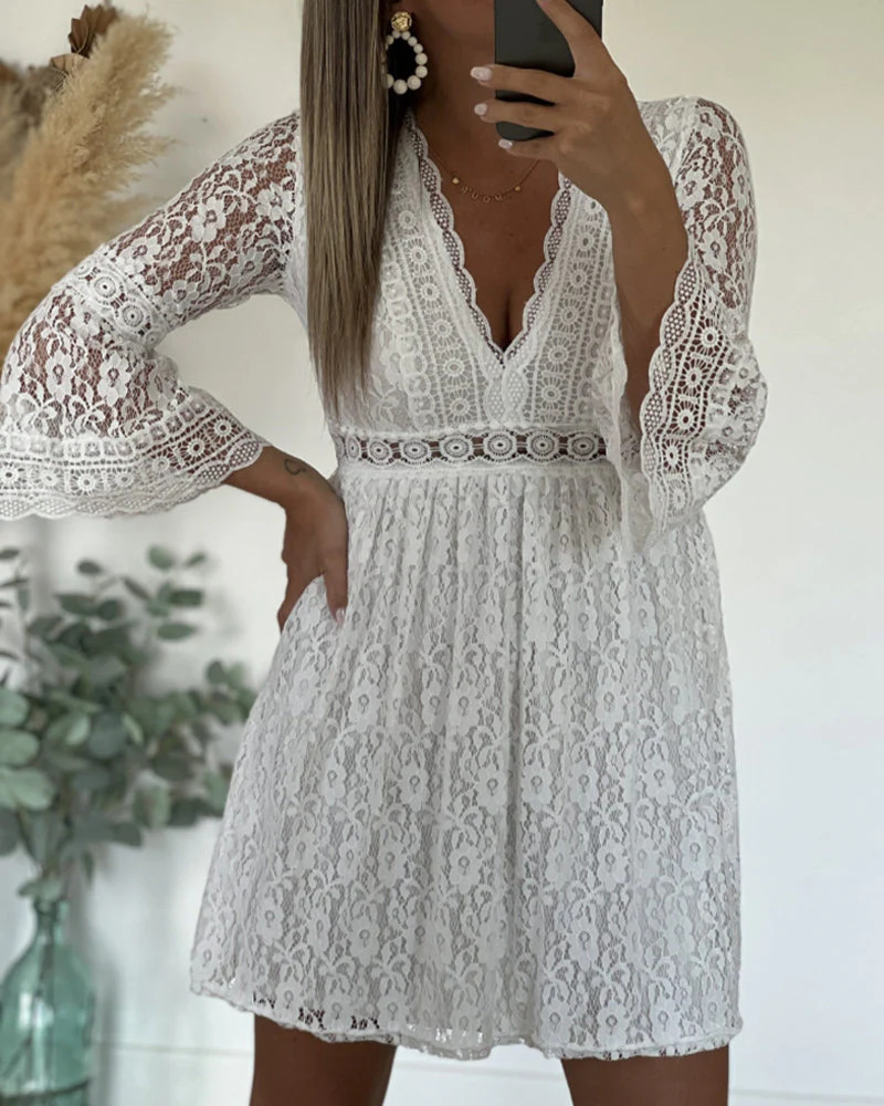 Elegant Hollow-Out Flared Sleeve Floral Lace A-Line Mini Dress