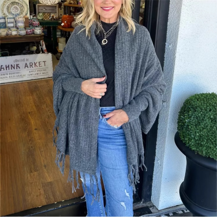 Women's Solid Knit Fringe Shawl Cardigan