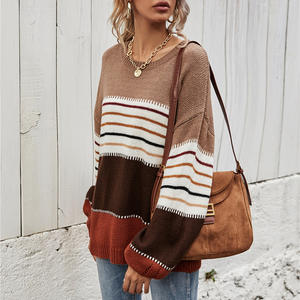Color-Block Striped Crewneck Pullover Sweater Women's Loose Knit