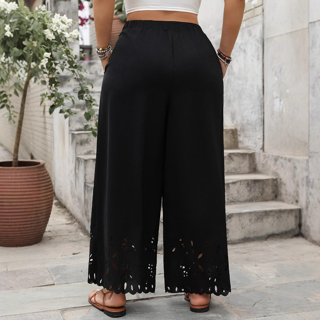 Women's Loose Wide-Leg Pants Plus Size Hollow Hem Black