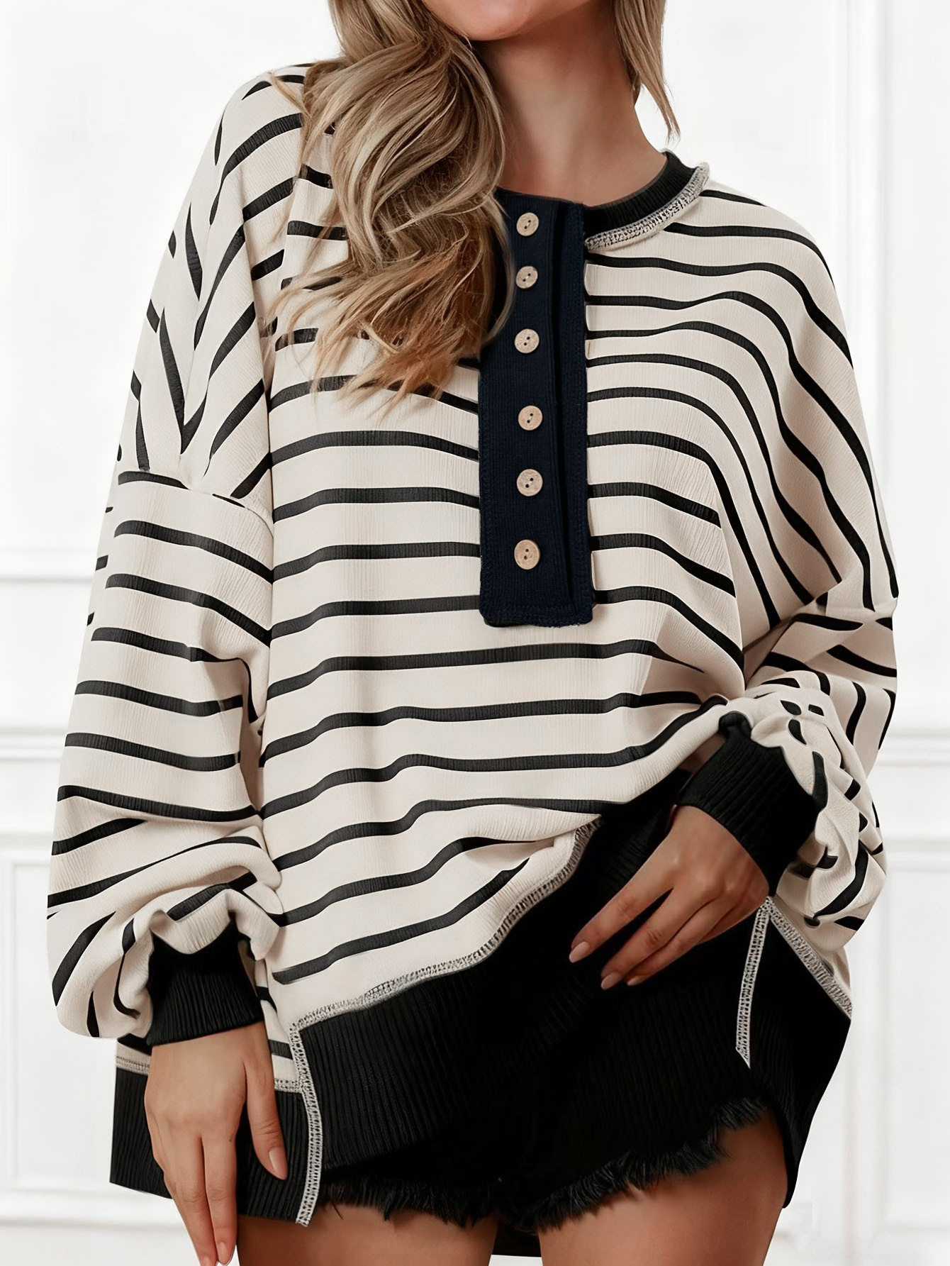 Women's V-Neck Colorblock Striped Loose Long-Sleeve T-Shirt
