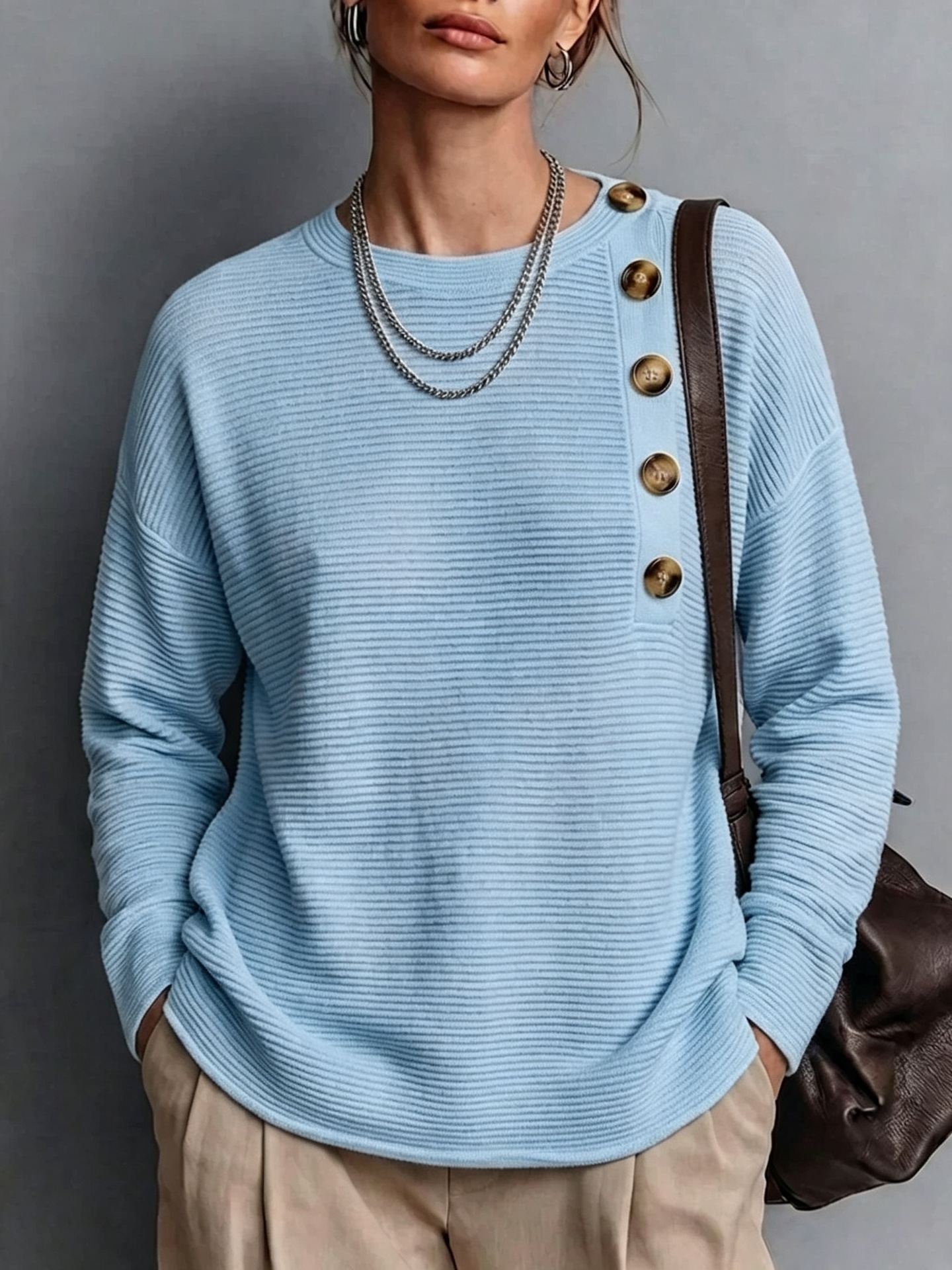 Women's Solid Button Knit Shirt Long Sleeve Crew Neck Loose Fit