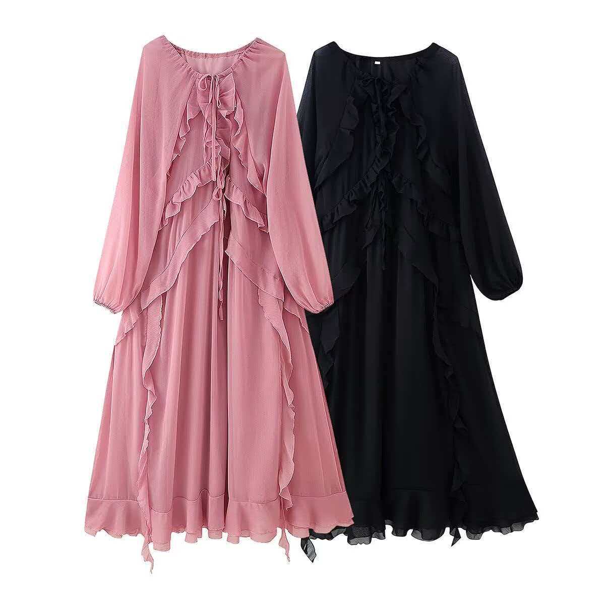 Women's Tiered Ruffle Tie-Front Chiffon Dress