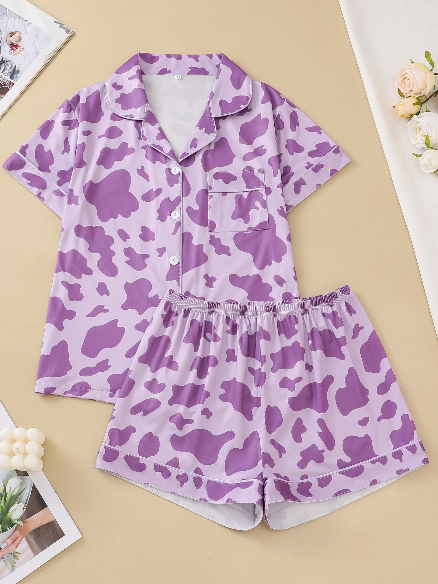 Women's Cuban Collar Polka Dot Short Sleeve Shirt Set Casual Loungewear