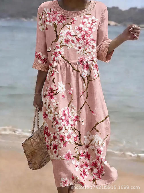 Women's Floral Print Ruched Midi Dress with Half Sleeves