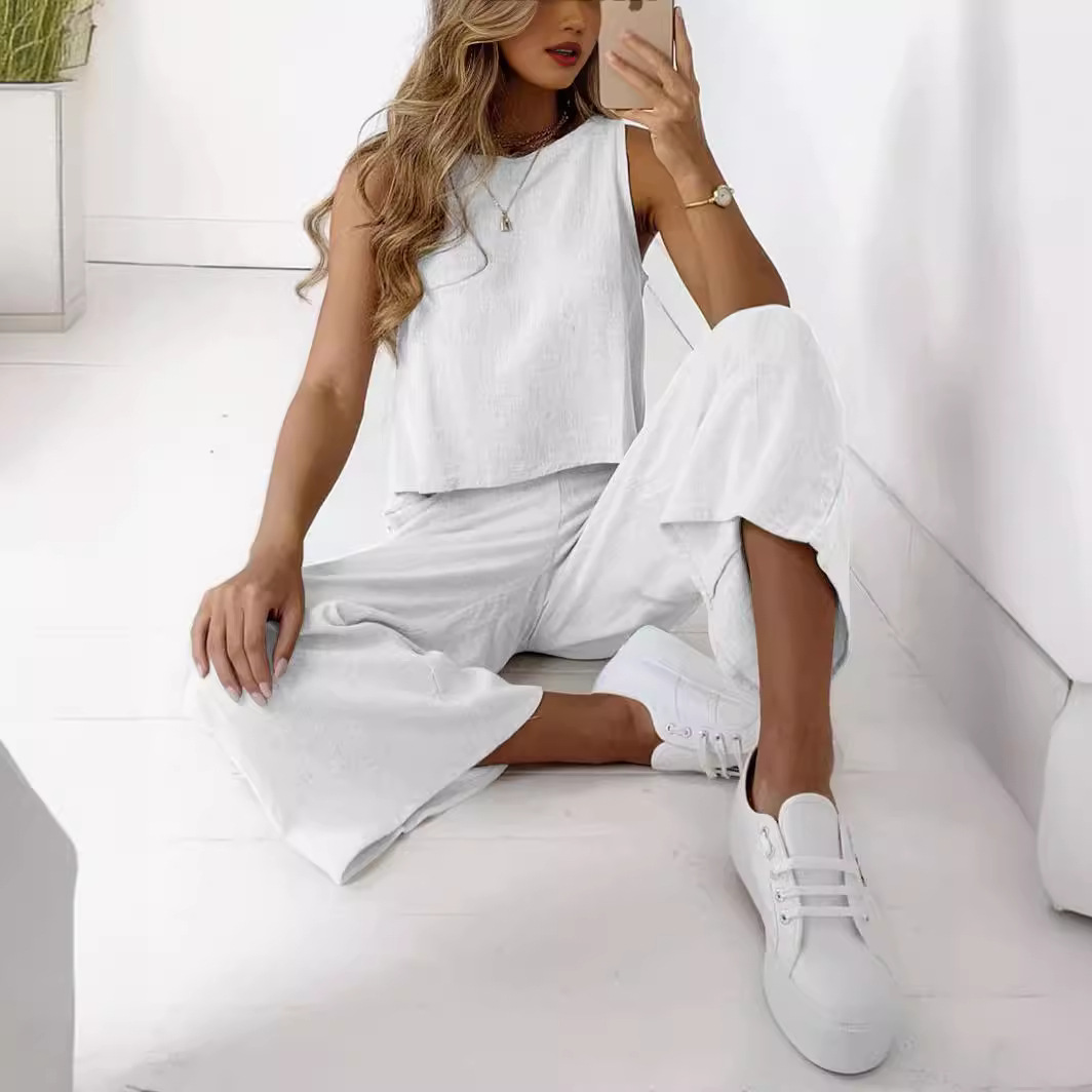 Cotton-Linen Sleeveless Top & Wide-Leg Pants Two-Piece Set